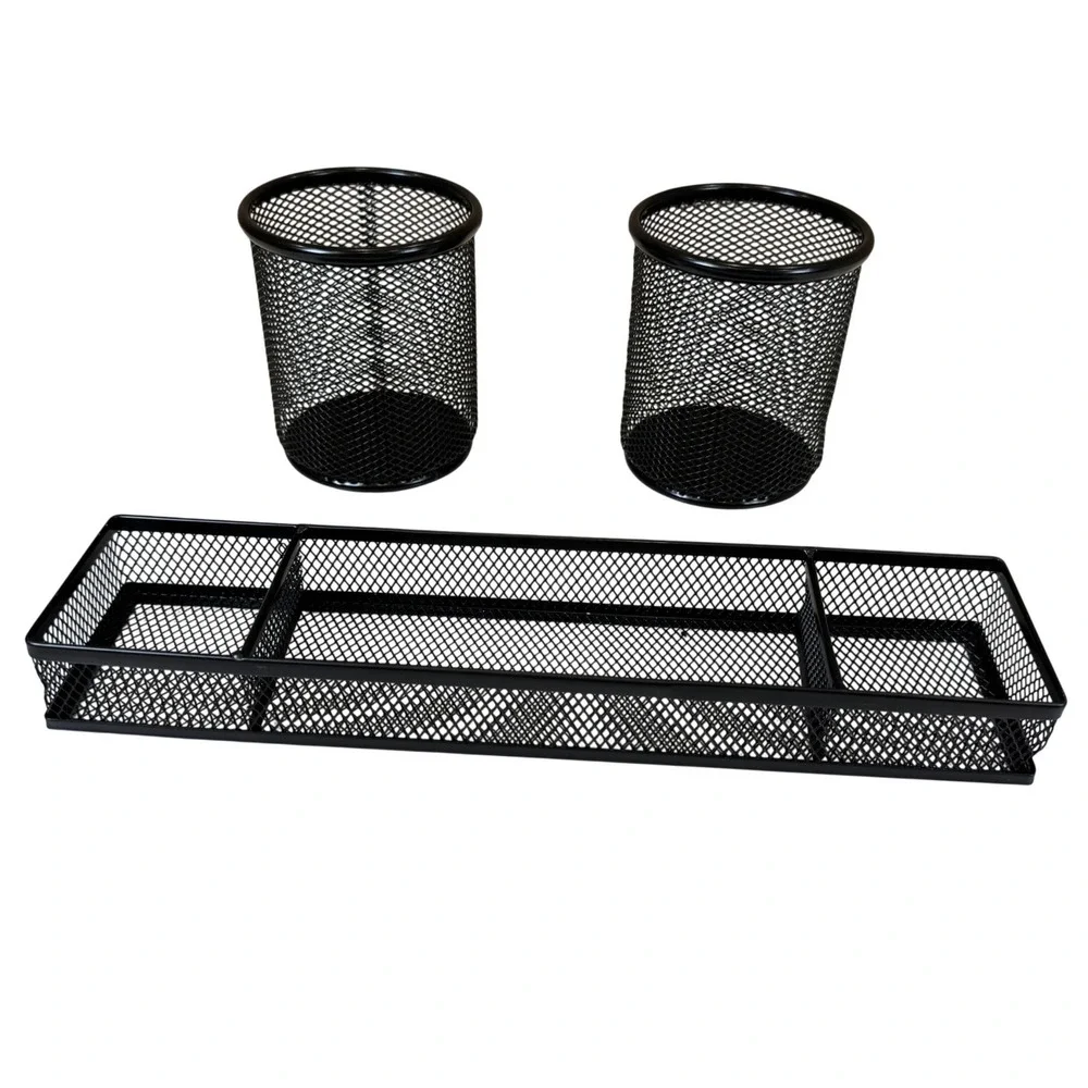 Black Wire Mesh Desk Organizer Set 3 Piece Pencil Cups and Divided Drawer Tray